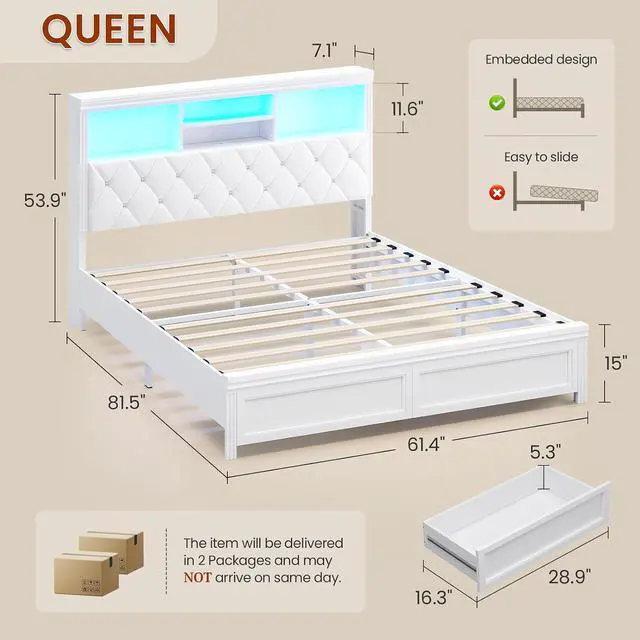 Alt view image 2 of 7 - 53.4" Queen Size Bed Frame with Button-Tufted Headboard 2 Storage Drawers, Diamond-Shaped Upholstery Queen Size LED Bed Frame with Charging Station,Wooden Slats, No Box Spring Needed, White