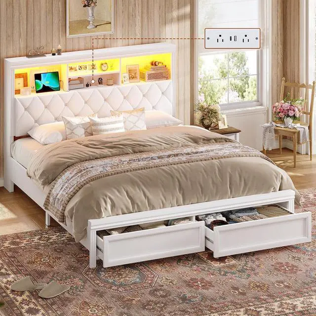 Main image of 53.4" Queen Size Bed Frame with Button-Tufted Headboard 2 Storage Drawers, Diamond-Shaped Upholstery Queen Size LED Bed Frame with Charging Station,Wooden Slats, No Box Spring Needed, White