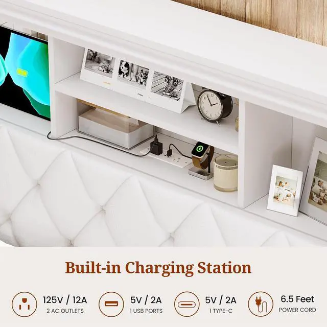Alt view image 4 of 7 - 53.4" Queen Size Bed Frame with Button-Tufted Headboard 2 Storage Drawers, Diamond-Shaped Upholstery Queen Size LED Bed Frame with Charging Station,Wooden Slats, No Box Spring Needed, White
