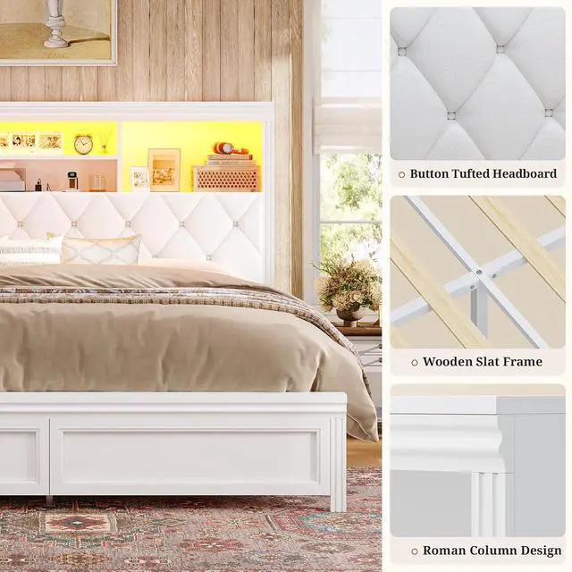 Alt view image 6 of 7 - 53.4" Queen Size Bed Frame with Button-Tufted Headboard 2 Storage Drawers, Diamond-Shaped Upholstery Queen Size LED Bed Frame with Charging Station,Wooden Slats, No Box Spring Needed, White