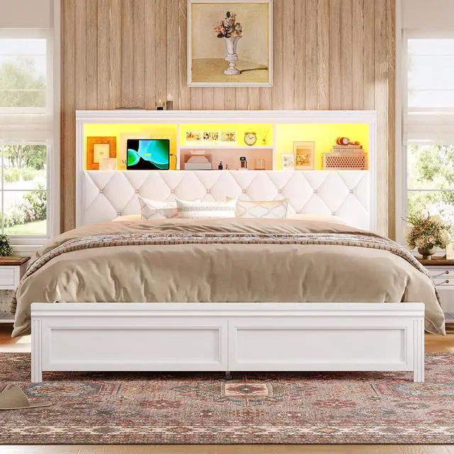 Alt view image 3 of 7 - 53.4" Queen Size Bed Frame with Button-Tufted Headboard 2 Storage Drawers, Diamond-Shaped Upholstery Queen Size LED Bed Frame with Charging Station,Wooden Slats, No Box Spring Needed, White