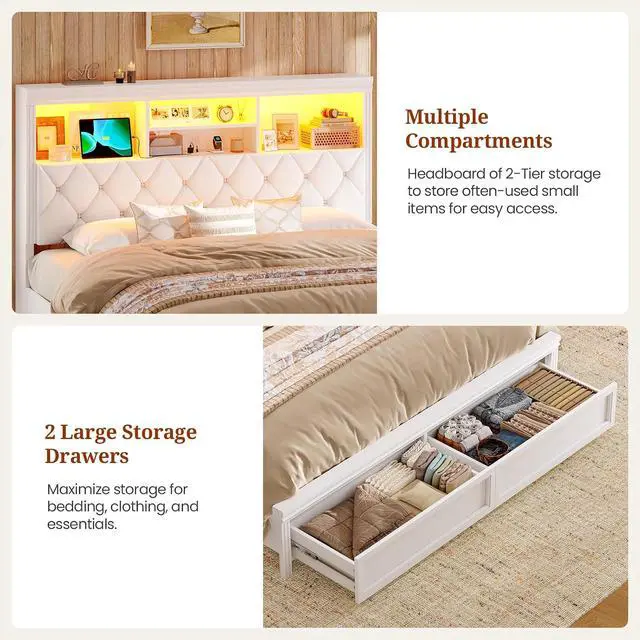 Alt view image 5 of 7 - 53.4" Queen Size Bed Frame with Button-Tufted Headboard 2 Storage Drawers, Diamond-Shaped Upholstery Queen Size LED Bed Frame with Charging Station,Wooden Slats, No Box Spring Needed, White