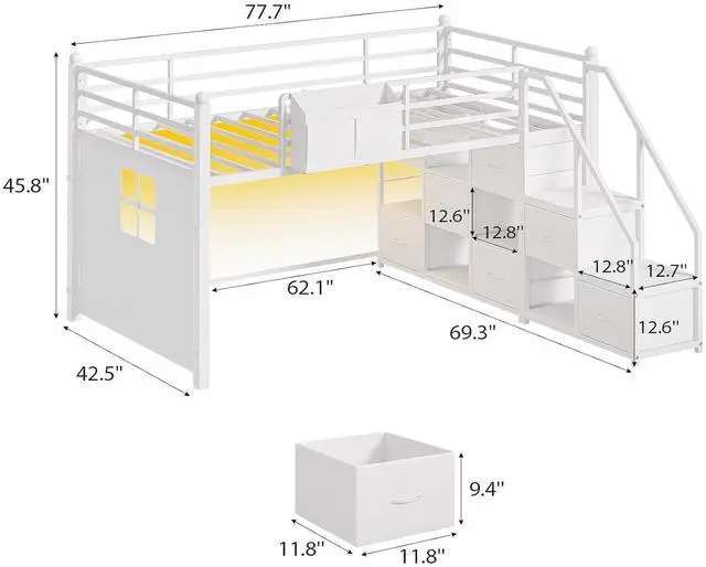 Alt view image 2 of 7 - Twin Size Low Loft Bed with Stairs,Handy Clothes Rail,7 Storage Drawers & 5 Open Shelves,Twin Loft Bed with LED Lights, Metal Kids Loft Bed with Safety Guardrail & Under-Bed Play Space, White