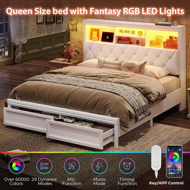 Alt view image 7 of 7 - 53.4" Queen Size Bed Frame with Button-Tufted Headboard 2 Storage Drawers, Diamond-Shaped Upholstery Queen Size LED Bed Frame with Charging Station,Wooden Slats, No Box Spring Needed, White