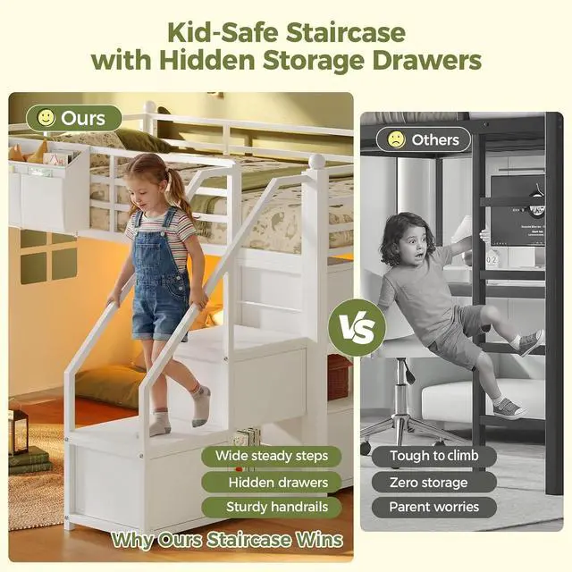 Alt view image 3 of 7 - Twin Size Low Loft Bed with Stairs,Handy Clothes Rail,7 Storage Drawers & 5 Open Shelves,Twin Loft Bed with LED Lights, Metal Kids Loft Bed with Safety Guardrail & Under-Bed Play Space, White