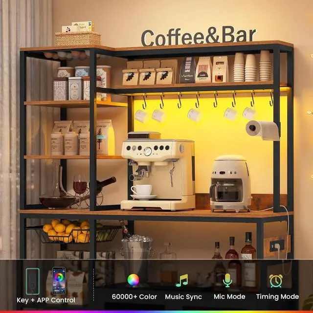 Alt view image 3 of 7 - 47.2 in Bakers Rack with Power Outlet & LED Light, Coffee Bar with Coffee Pod Holder for Vetuo, Kitchen Microwave Stand with Storage Shelves, Paper Holder, Cabinet, Wire Basket, 8 Hooks (Rustic Brown)