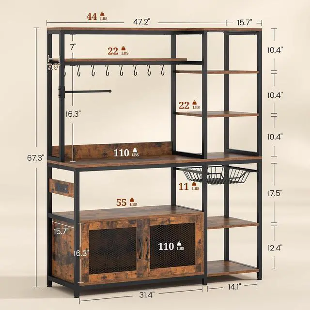 Alt view image 2 of 7 - 47.2 in Bakers Rack with Power Outlet & LED Light, Coffee Bar with Coffee Pod Holder for Vetuo, Kitchen Microwave Stand with Storage Shelves, Paper Holder, Cabinet, Wire Basket, 8 Hooks (Rustic Brown)