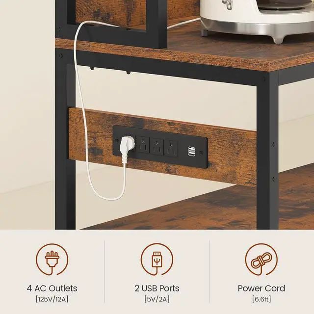 Alt view image 4 of 7 - 47.2 in Bakers Rack with Power Outlet & LED Light, Coffee Bar with Coffee Pod Holder for Vetuo, Kitchen Microwave Stand with Storage Shelves, Paper Holder, Cabinet, Wire Basket, 8 Hooks (Rustic Brown)