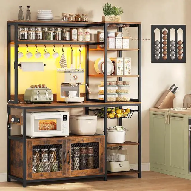 Main image of 47.2 in Bakers Rack with Power Outlet & LED Light, Coffee Bar with Coffee Pod Holder for Vetuo, Kitchen Microwave Stand with Storage Shelves, Paper Holder, Cabinet, Wire Basket, 8 Hooks (Rustic Brown)