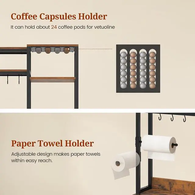 Alt view image 6 of 7 - 47.2 in Bakers Rack with Power Outlet & LED Light, Coffee Bar with Coffee Pod Holder for Vetuo, Kitchen Microwave Stand with Storage Shelves, Paper Holder, Cabinet, Wire Basket, 8 Hooks (Rustic Brown)