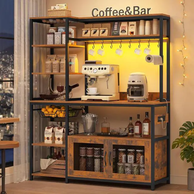 Alt view image 7 of 7 - 47.2 in Bakers Rack with Power Outlet & LED Light, Coffee Bar with Coffee Pod Holder for Vetuo, Kitchen Microwave Stand with Storage Shelves, Paper Holder, Cabinet, Wire Basket, 8 Hooks (Rustic Brown)