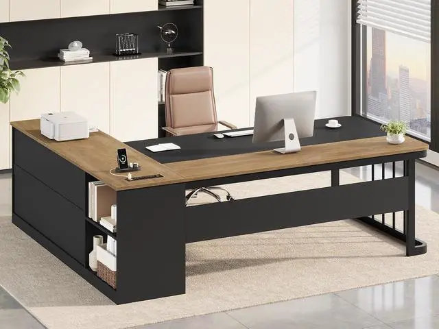 Main image of 71" Executive Desk, Large Office Desk with Drawers & Storage Shelves, Modern L Shaped Computer Desk Corner Desk with Power Outlets, File Cabinet, Business Furniture Desk Workstation (Oak)