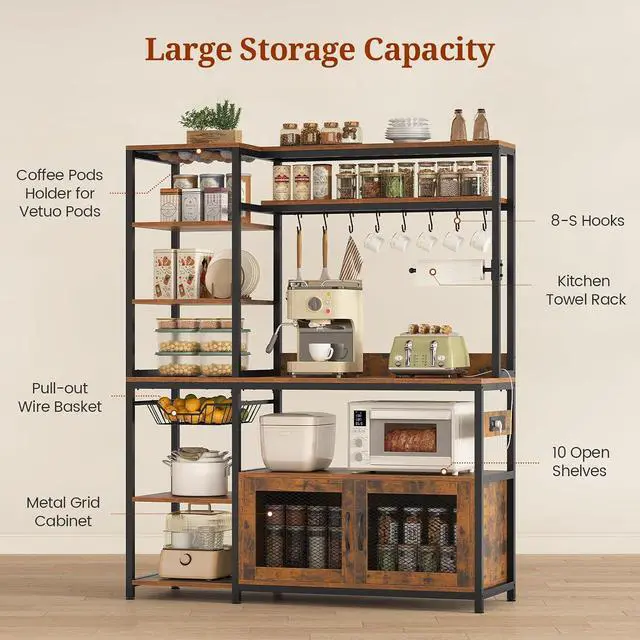 Alt view image 5 of 7 - 47.2 in Bakers Rack with Power Outlet & LED Light, Coffee Bar with Coffee Pod Holder for Vetuo, Kitchen Microwave Stand with Storage Shelves, Paper Holder, Cabinet, Wire Basket, 8 Hooks (Rustic Brown)