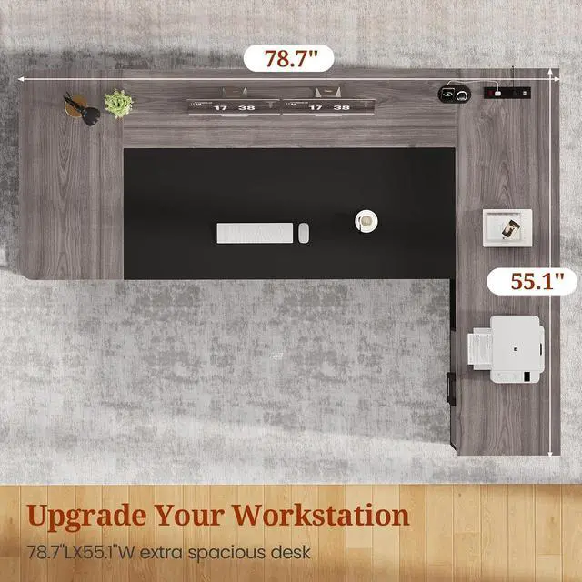Alt view image 5 of 7 - 78.7" Executive Desk, Large Office Desk with Drawers & Storage Shelves, Modern L Shaped Computer Desk Corner Desk with Power Outlets, File Cabinet, Business Furniture Desk Workstation (Grey)