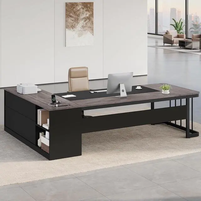 Alt view image 6 of 7 - 78.7" Executive Desk, Large Office Desk with Drawers & Storage Shelves, Modern L Shaped Computer Desk Corner Desk with Power Outlets, File Cabinet, Business Furniture Desk Workstation (Grey)