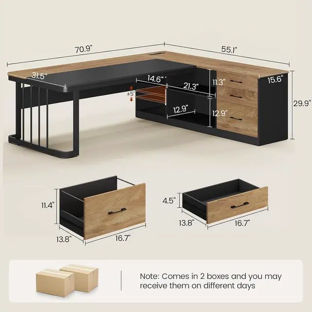 Alt view image 2 of 7 - 71" Executive Desk, Large Office Desk with Drawers & Storage Shelves, Modern L Shaped Computer Desk Corner Desk with Power Outlets, File Cabinet, Business Furniture Desk Workstation (Oak)