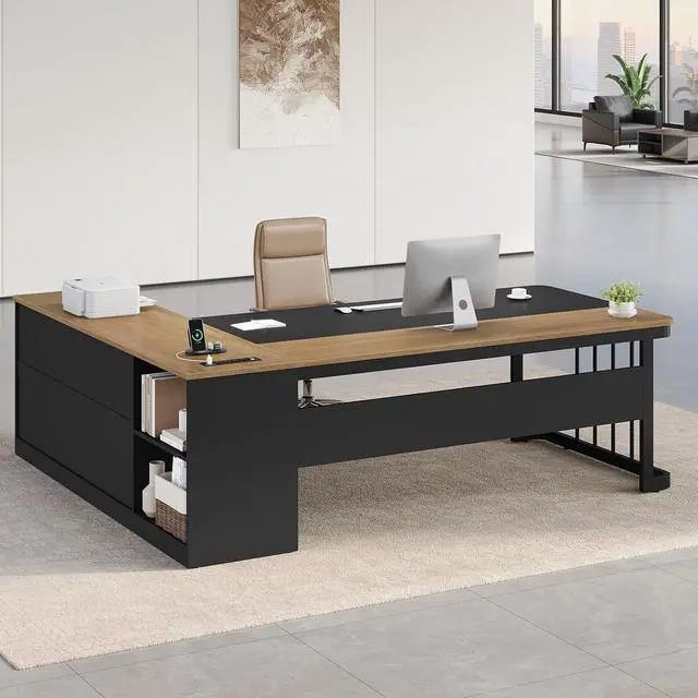 Alt view image 6 of 7 - 71" Executive Desk, Large Office Desk with Drawers & Storage Shelves, Modern L Shaped Computer Desk Corner Desk with Power Outlets, File Cabinet, Business Furniture Desk Workstation (Oak)
