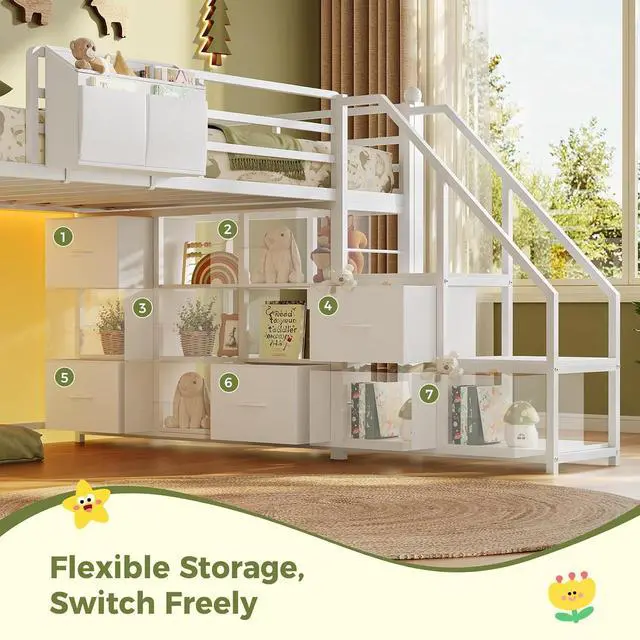 Alt view image 4 of 7 - Twin Size Low Loft Bed with Stairs,Handy Clothes Rail,7 Storage Drawers & 5 Open Shelves,Twin Loft Bed with LED Lights, Metal Kids Loft Bed with Safety Guardrail & Under-Bed Play Space, White