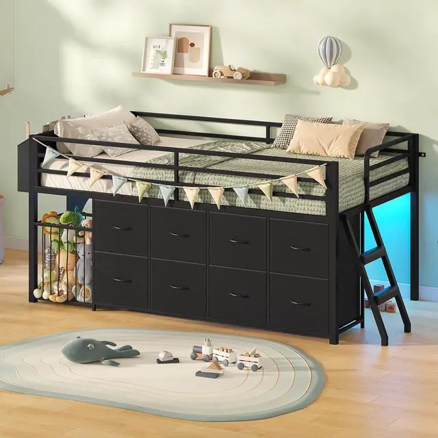 Main image of Twin Size Low Loft Bed with RGB Lights & Play Zone, 8 XL Drawers, Kids Play Loft Bed with 2-Step Ladder & Anti-Tip Kit (Black)