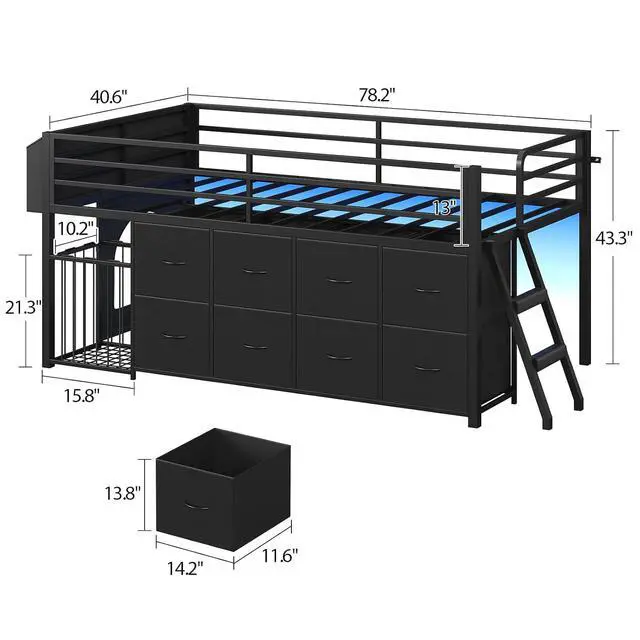 Alt view image 2 of 7 - Twin Size Low Loft Bed with RGB Lights & Play Zone, 8 XL Drawers, Kids Play Loft Bed with 2-Step Ladder & Anti-Tip Kit (Black)