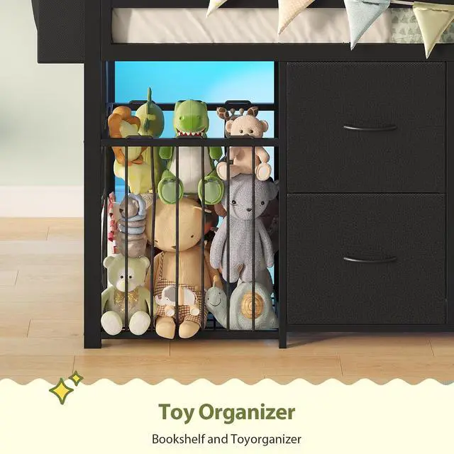 Alt view image 4 of 7 - Twin Size Low Loft Bed with RGB Lights & Play Zone, 8 XL Drawers, Kids Play Loft Bed with 2-Step Ladder & Anti-Tip Kit (Black)