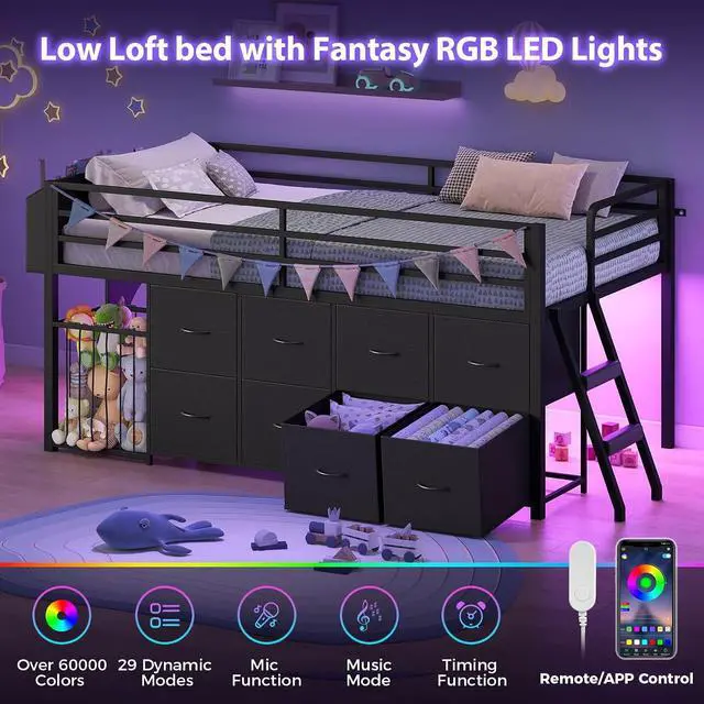 Alt view image 3 of 7 - Twin Size Low Loft Bed with RGB Lights & Play Zone, 8 XL Drawers, Kids Play Loft Bed with 2-Step Ladder & Anti-Tip Kit (Black)