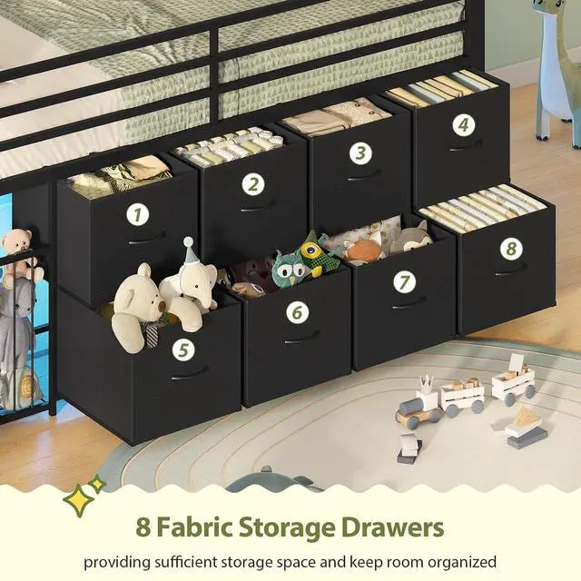 Alt view image 5 of 7 - Twin Size Low Loft Bed with RGB Lights & Play Zone, 8 XL Drawers, Kids Play Loft Bed with 2-Step Ladder & Anti-Tip Kit (Black)