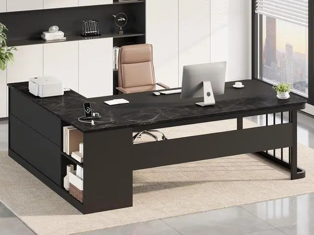 Main image of 71" Executive Desk, Large Office Desk with Drawers & Storage Shelves, Modern L Shaped Computer Desk Corner Desk with Power Outlets, File Cabinet, Business Furniture Desk Workstation (Black)
