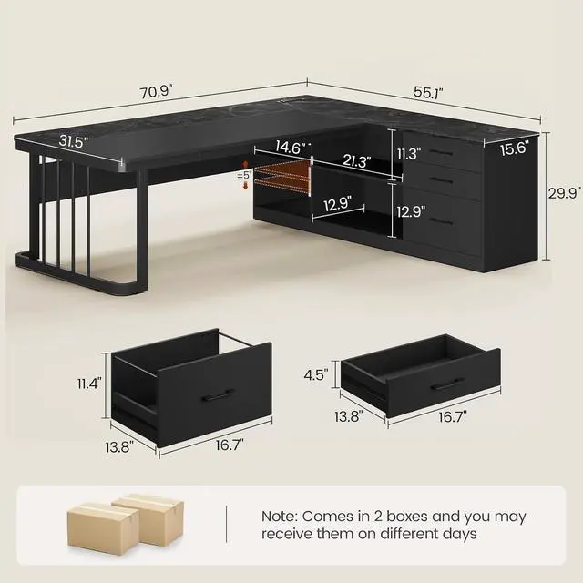 Alt view image 2 of 7 - 71" Executive Desk, Large Office Desk with Drawers & Storage Shelves, Modern L Shaped Computer Desk Corner Desk with Power Outlets, File Cabinet, Business Furniture Desk Workstation (Black)