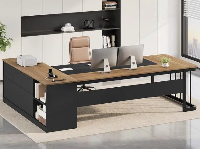 Main image of 78.7" Executive Desk, Large Office Desk with Drawers & Storage Shelves, Modern L Shaped Computer Desk Corner Desk with Power Outlets, File Cabinet, Business Furniture Desk Workstation (Oak)