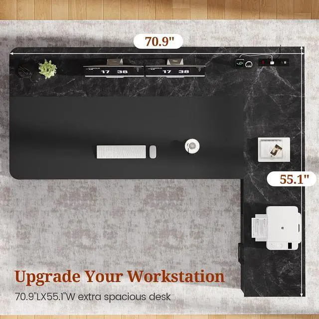 Alt view image 3 of 7 - 71" Executive Desk, Large Office Desk with Drawers & Storage Shelves, Modern L Shaped Computer Desk Corner Desk with Power Outlets, File Cabinet, Business Furniture Desk Workstation (Black)