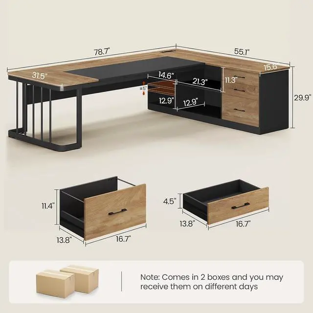 Alt view image 2 of 7 - 78.7" Executive Desk, Large Office Desk with Drawers & Storage Shelves, Modern L Shaped Computer Desk Corner Desk with Power Outlets, File Cabinet, Business Furniture Desk Workstation (Oak)