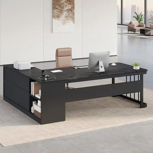 Alt view image 7 of 7 - 71" Executive Desk, Large Office Desk with Drawers & Storage Shelves, Modern L Shaped Computer Desk Corner Desk with Power Outlets, File Cabinet, Business Furniture Desk Workstation (Black)