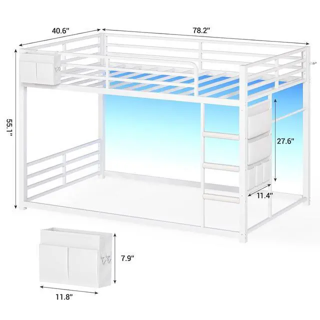 Alt view image 2 of 7 - Kids Bunk Bed Twin Over Twin Frame with LED Lights, White | Metal, 13" Guardrail, 3-Step Ladder, Space Saving for Kids and Teen