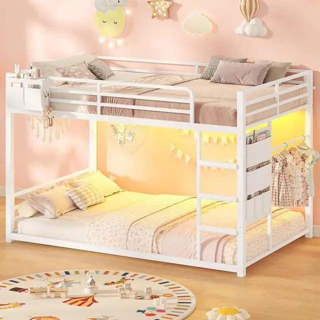 Main image of Kids Bunk Bed Twin Over Twin Frame with LED Lights, White | Metal, 13" Guardrail, 3-Step Ladder, Space Saving for Kids and Teen