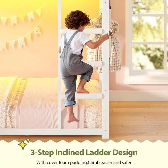 Alt view image 4 of 7 - Kids Bunk Bed Twin Over Twin Frame with LED Lights, White | Metal, 13" Guardrail, 3-Step Ladder, Space Saving for Kids and Teen