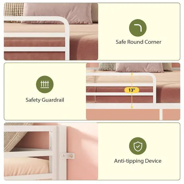 Alt view image 5 of 7 - Kids Bunk Bed Twin Over Twin Frame with LED Lights, White | Metal, 13" Guardrail, 3-Step Ladder, Space Saving for Kids and Teen