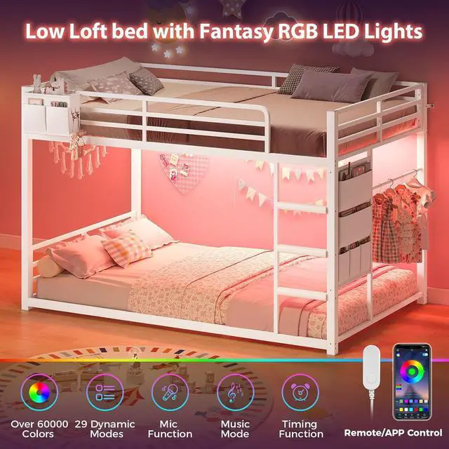 Alt view image 3 of 7 - Kids Bunk Bed Twin Over Twin Frame with LED Lights, White | Metal, 13" Guardrail, 3-Step Ladder, Space Saving for Kids and Teen