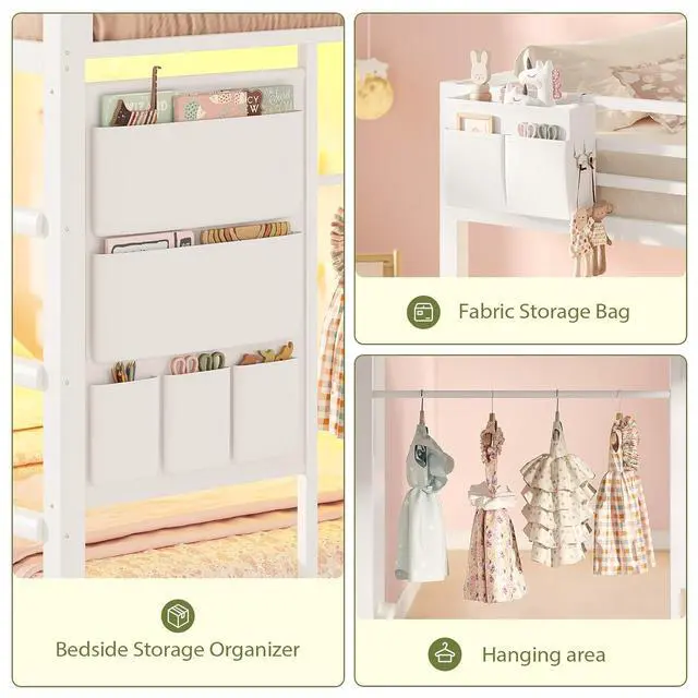Alt view image 6 of 7 - Kids Bunk Bed Twin Over Twin Frame with LED Lights, White | Metal, 13" Guardrail, 3-Step Ladder, Space Saving for Kids and Teen