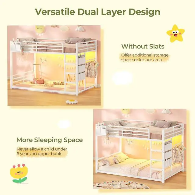 Alt view image 7 of 7 - Kids Bunk Bed Twin Over Twin Frame with LED Lights, White | Metal, 13" Guardrail, 3-Step Ladder, Space Saving for Kids and Teen