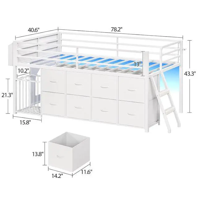 Alt view image 2 of 7 - Twin Size Low Loft Bed with RGB Lights & Play Zone, 8 XL Drawers, Kids Play Loft with 2-Step Ladder & Anti-Tip Kit (White)