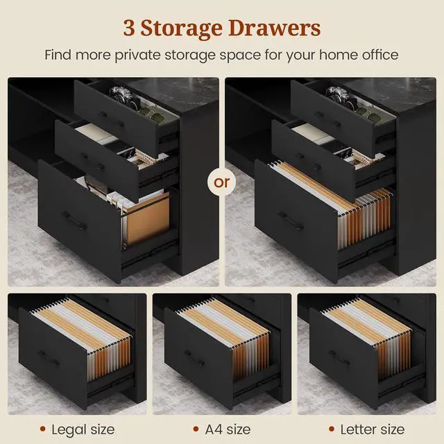 Alt view image 6 of 7 - 71" Executive Desk, Large Office Desk with Drawers & Storage Shelves, Modern L Shaped Computer Desk Corner Desk with Power Outlets, File Cabinet, Business Furniture Desk Workstation (Black)