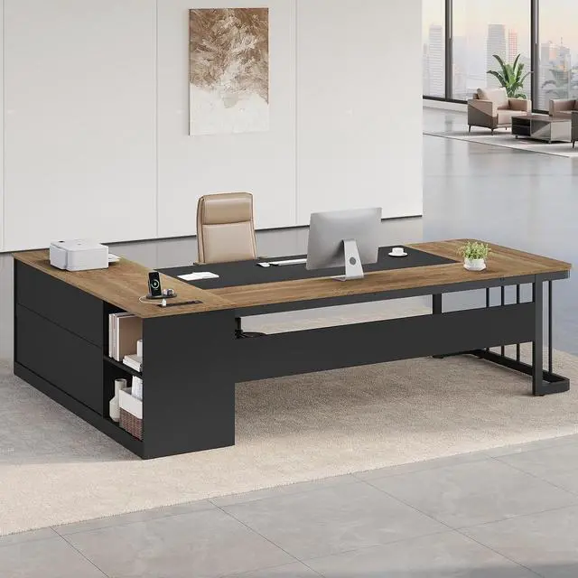 Alt view image 5 of 7 - 78.7" Executive Desk, Large Office Desk with Drawers & Storage Shelves, Modern L Shaped Computer Desk Corner Desk with Power Outlets, File Cabinet, Business Furniture Desk Workstation (Oak)