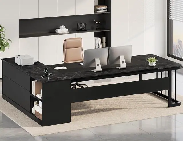 Main image of 78.7" Executive Desk, Large Office Desk with Drawers & Storage Shelves, Modern L Shaped Computer Desk Corner Desk with Power Outlets, File Cabinet, Business Furniture Desk Workstation (Black)