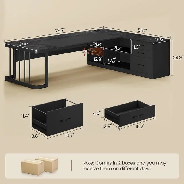 Alt view image 2 of 7 - 78.7" Executive Desk, Large Office Desk with Drawers & Storage Shelves, Modern L Shaped Computer Desk Corner Desk with Power Outlets, File Cabinet, Business Furniture Desk Workstation (Black)