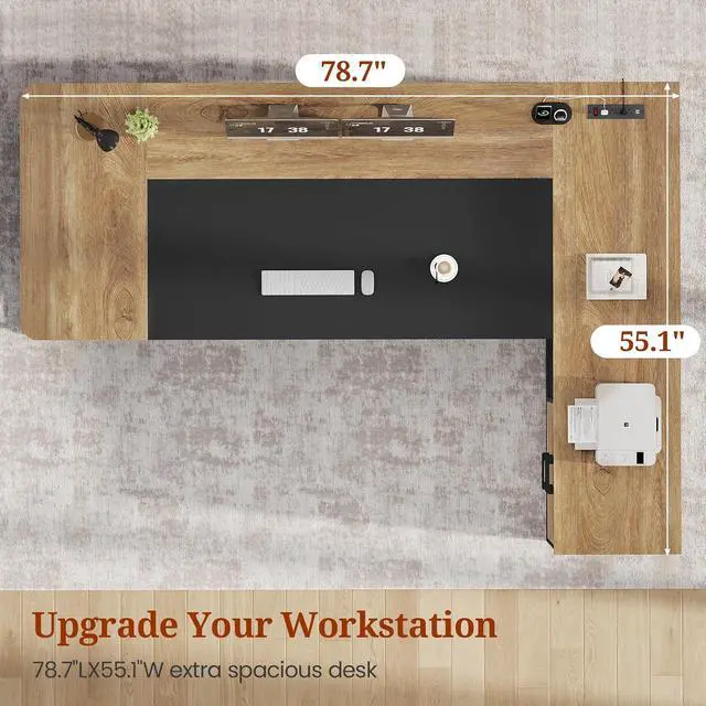 Alt view image 7 of 7 - 78.7" Executive Desk, Large Office Desk with Drawers & Storage Shelves, Modern L Shaped Computer Desk Corner Desk with Power Outlets, File Cabinet, Business Furniture Desk Workstation (Oak)