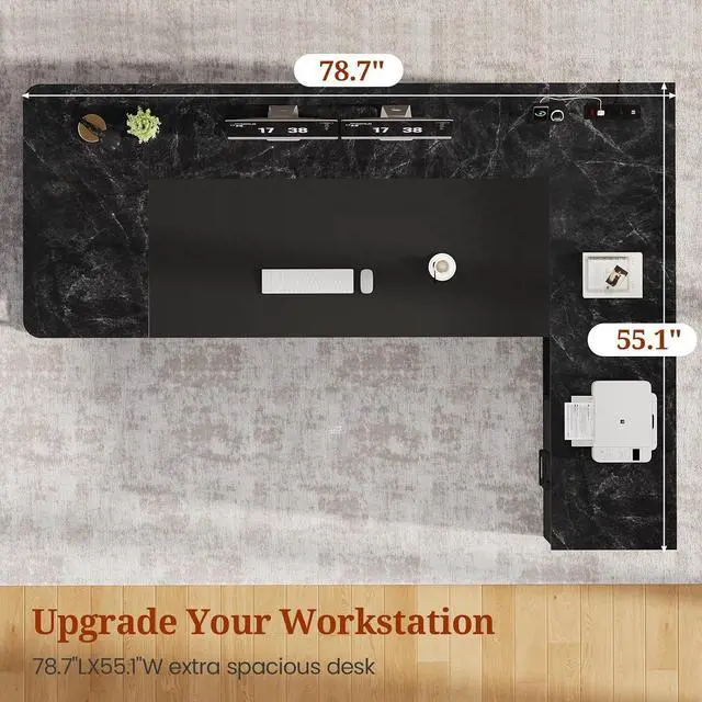 Alt view image 5 of 7 - 78.7" Executive Desk, Large Office Desk with Drawers & Storage Shelves, Modern L Shaped Computer Desk Corner Desk with Power Outlets, File Cabinet, Business Furniture Desk Workstation (Black)