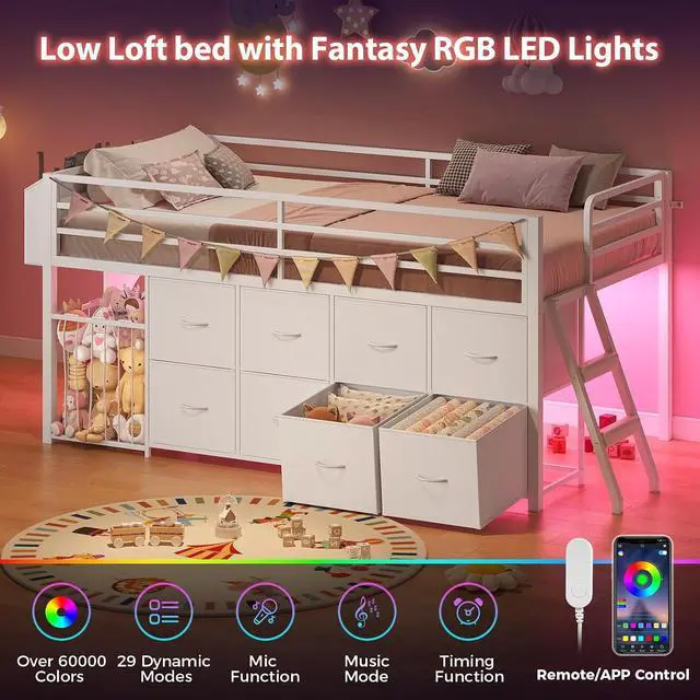 Alt view image 3 of 7 - Twin Size Low Loft Bed with RGB Lights & Play Zone, 8 XL Drawers, Kids Play Loft with 2-Step Ladder & Anti-Tip Kit (White)