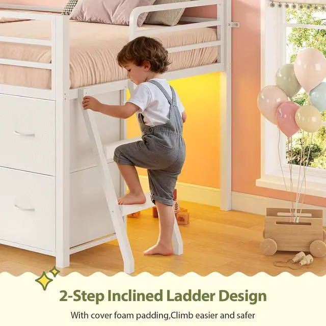 Alt view image 4 of 7 - Twin Size Low Loft Bed with RGB Lights & Play Zone, 8 XL Drawers, Kids Play Loft with 2-Step Ladder & Anti-Tip Kit (White)