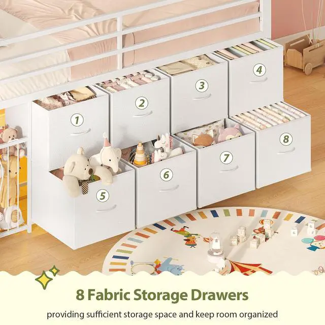 Alt view image 7 of 7 - Twin Size Low Loft Bed with RGB Lights & Play Zone, 8 XL Drawers, Kids Play Loft with 2-Step Ladder & Anti-Tip Kit (White)